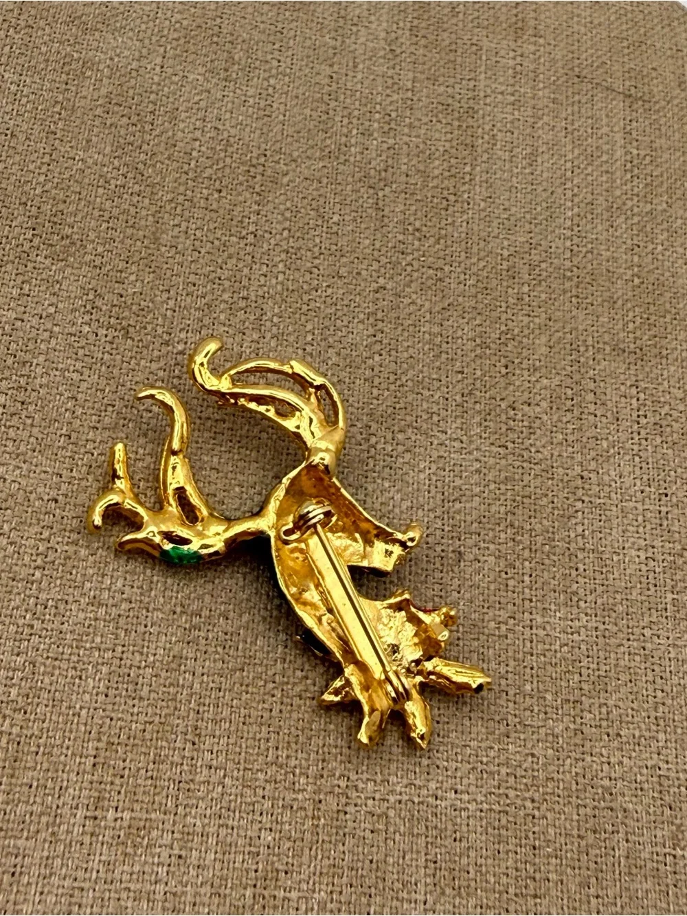 Festive Reindeer Brooch with Poinsettia - Green, Red & Gold
